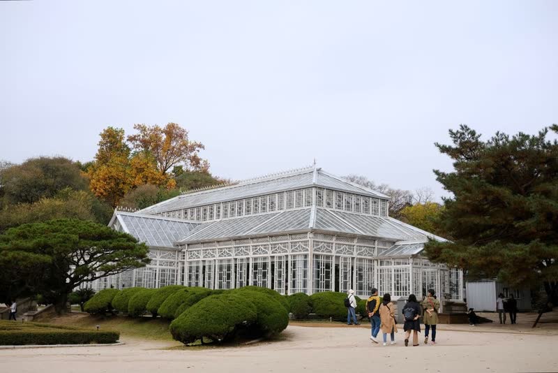 The white wood-and-glass greenhouse at Changgyeonggung in November, with autumn trees behind and a few visitors walking past