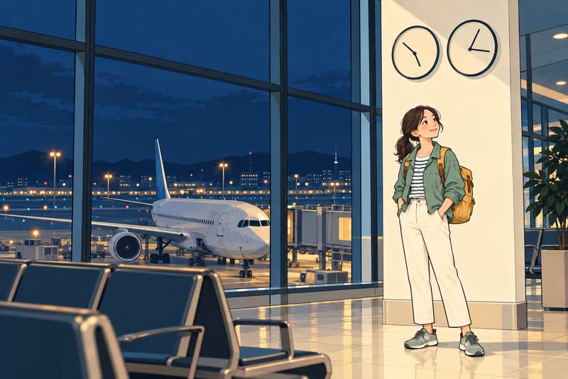 Illustration of LVR editor Hana at a night-time departure gate looking up at two wall clocks set to different times