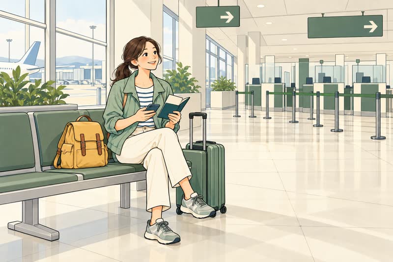 Illustration of Hana on an airport bench filling in a form on her phone, passport in hand, with immigration booths ahead