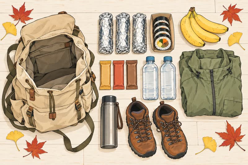 A day-hike kit laid out next to a canvas backpack: foil-wrapped gimbap, bananas, chocolate bars, water, a thermos, a folded jacket and trekking boots