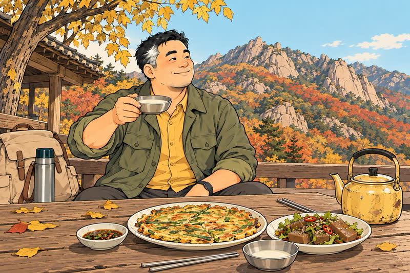Jin at an outdoor table below a rocky autumn mountain, raising a bowl of makgeolli over a green-onion pancake and acorn jelly salad