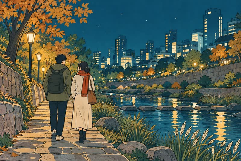 Illustration of two travelers walking along a lamplit stream path in the city at night