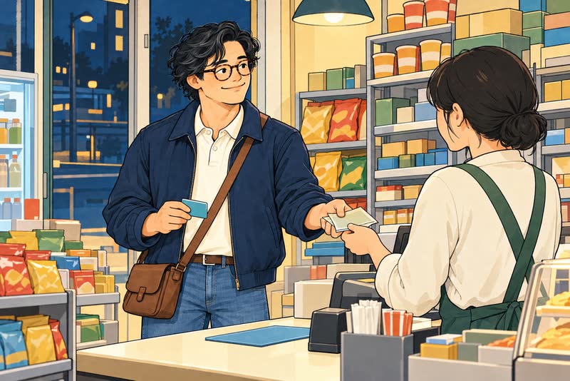 Illustration of LVR editor Brandon at a convenience store counter at night handing cash to the clerk while holding a transit card