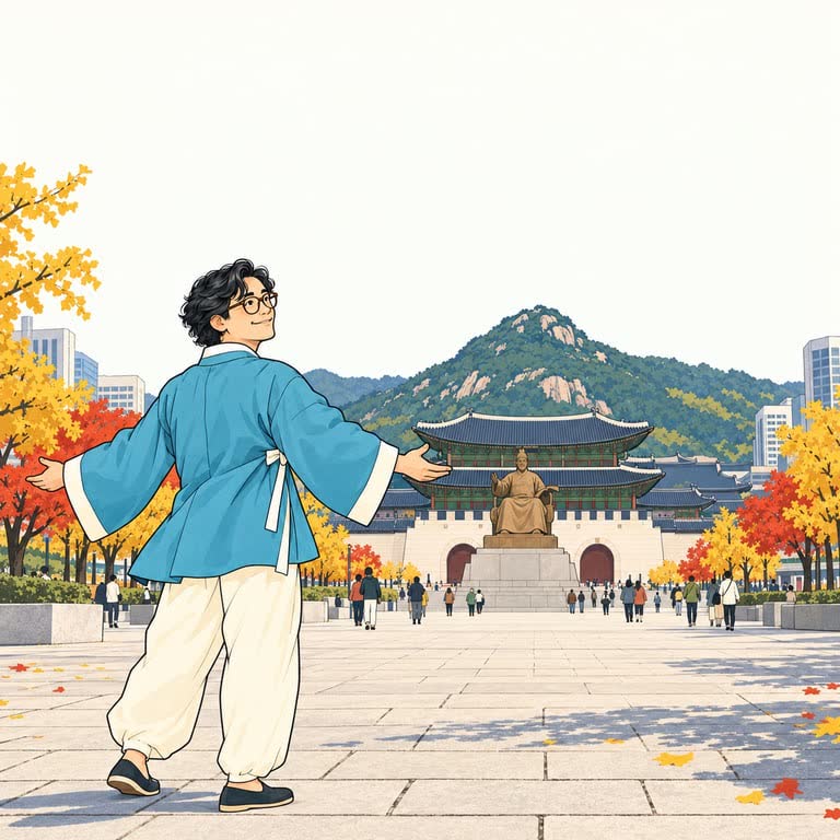 Illustration of LVR editor Brandon in a blue hanbok spreading his arms in Gwanghwamun Square, with a seated bronze statue, the palace gate and a rocky mountain behind