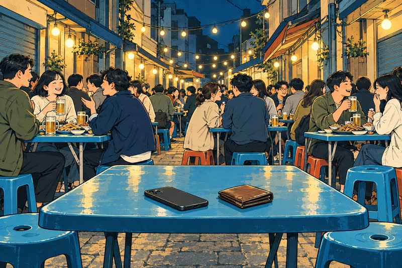 Crowded outdoor tables in an Euljiro-style pub alley at night, one table still free