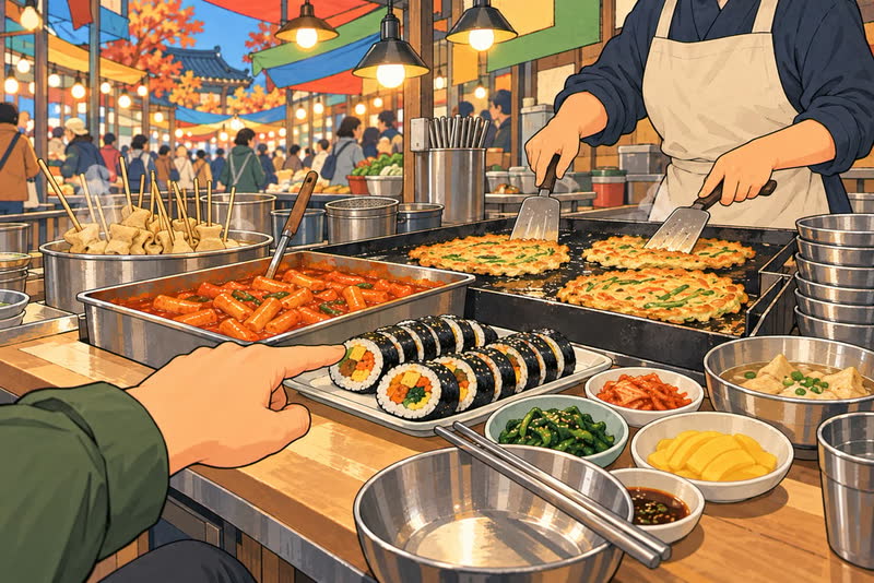 Illustration of a traveler pointing at gimbap at a busy market food counter with pancakes frying and spicy rice cakes