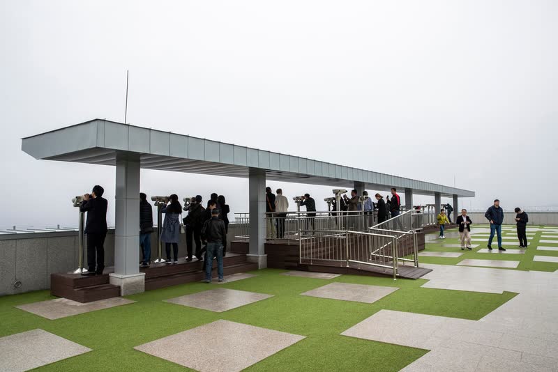 The roofed outdoor viewing deck at Dora Observatory near the DMZ on an overcast day