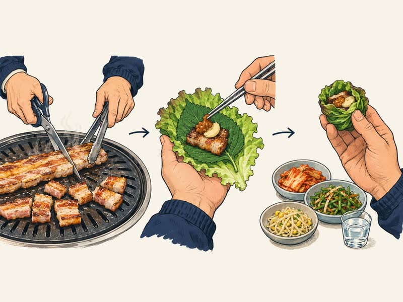 Three-step illustration: scissors cut a strip of grilled pork belly into pieces on the grill, a piece goes onto lettuce and a perilla leaf with garlic and ssamjang, then the wrap is held up as one bite next to side dishes and a soju glass
