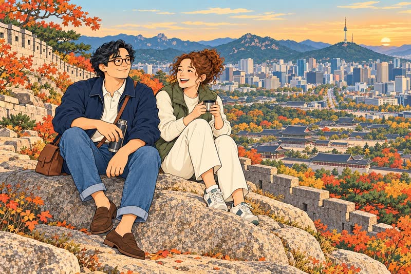Illustration: Brandon and his American friend rest on a granite boulder beside Seoul's old stone city wall at golden hour, with palace roofs, autumn trees, towers and a ring of mountains below