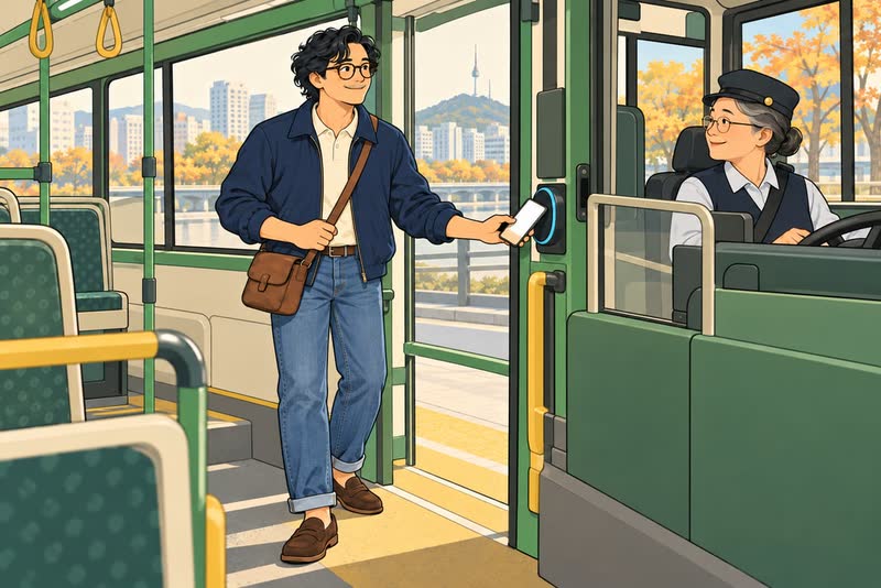 Illustration of Brandon boarding a Seoul city bus and tapping his phone on the card reader while the driver smiles