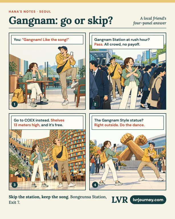Four-panel LVR comic: a friend asks for Gangnam, Hana says no to Gangnam Station, they visit the tall bookshelves of Starfield Library, and the friend dances by the Gangnam Style statue