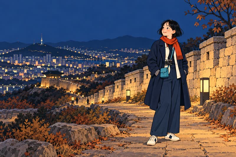 Illustration of Mina in a coat and red scarf on a lamp-lit path beside an old stone city wall at night, Seoul lights below