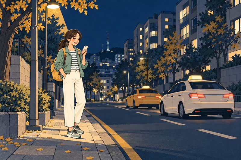 Illustration of LVR editor Hana under a streetlight on a quiet Seoul street at night, checking her phone as taxis pass