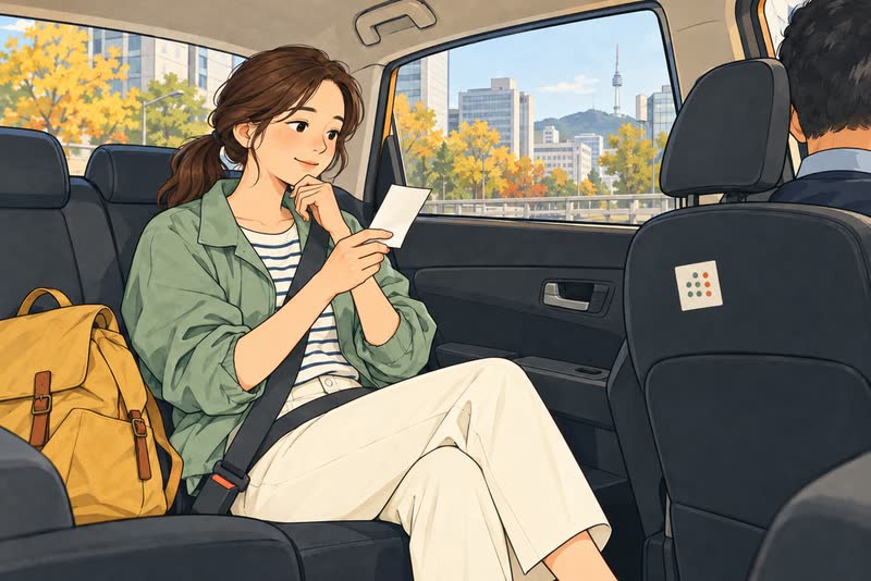 Illustration of Hana in the back seat of a taxi, seat belt on, looking at a paper receipt