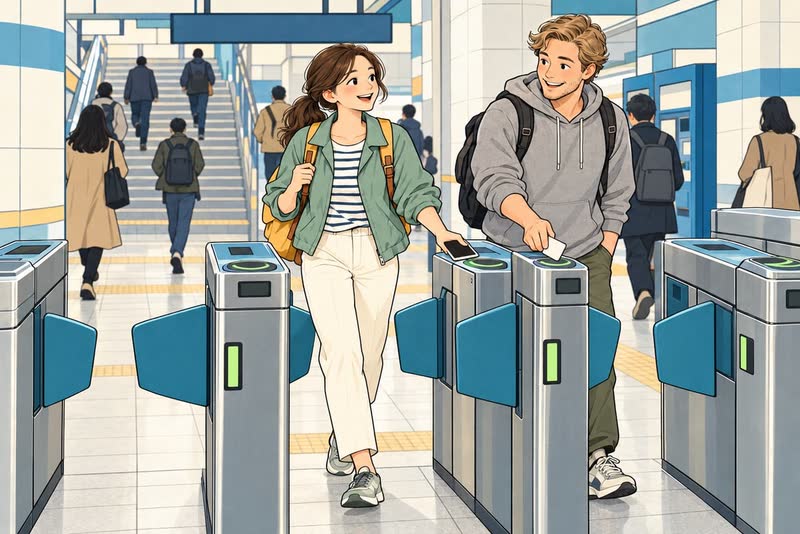 Illustration: Hana taps her phone on a Seoul subway fare gate while the American traveler beside her taps a plastic transit card on the next gate