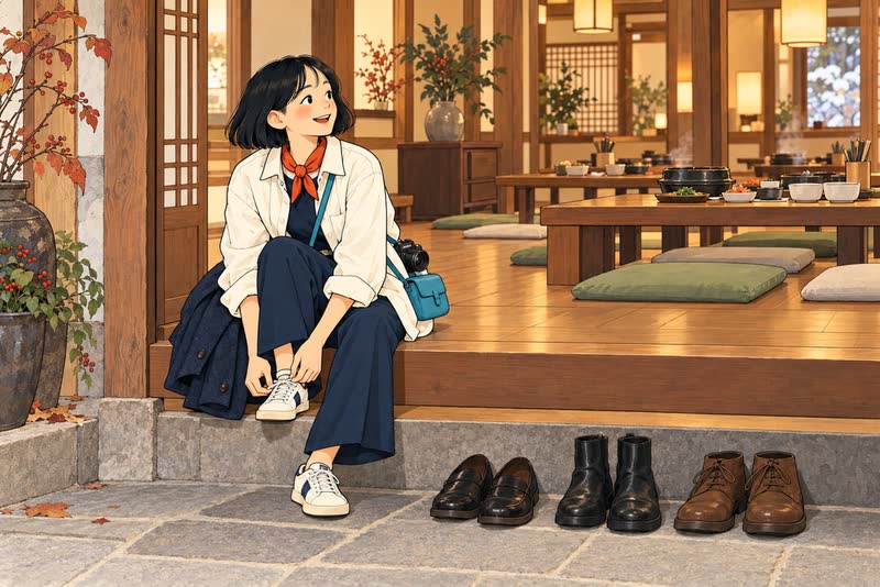 Illustration of LVR editor Mina sitting on the raised floor step of a Korean restaurant untying her sneakers, other shoes lined up below