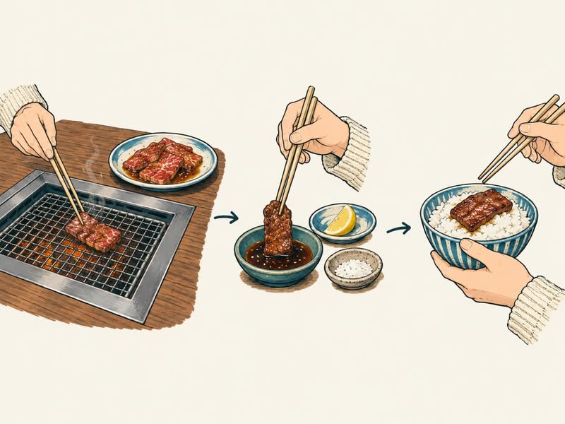Three-step illustration: chopsticks lay a small sauced piece of beef on a grill built into a wooden table, dip the grilled piece in dark sauce beside lemon and salt, then rest it on a bowl of white rice